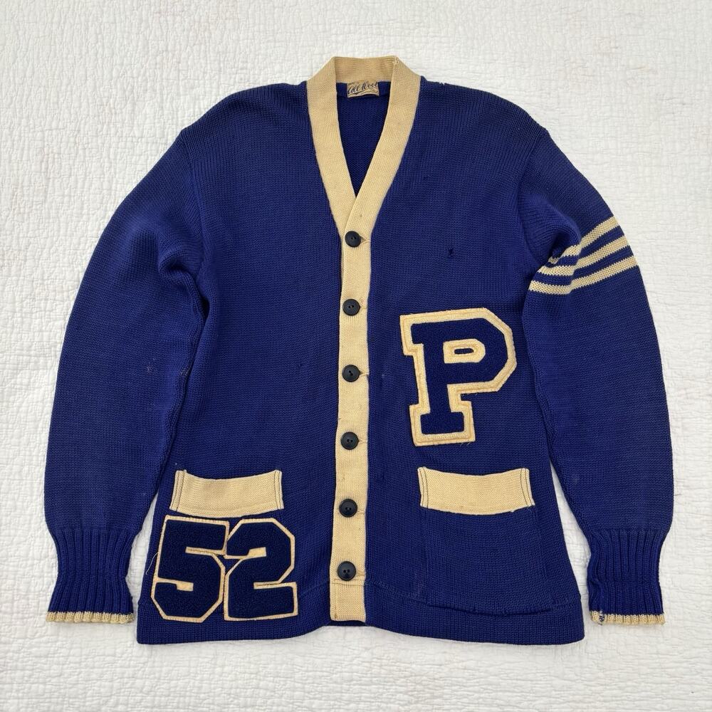 Vintage 50s 1952 Blue High School Varsity Letterman Cardigan Knit Sweater